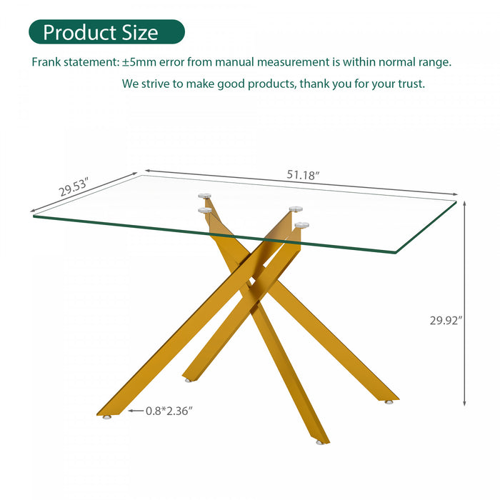 Ethan 51.18\" Rectangular Tempered Glass Dining Table with Stylish Metal Legs,Gold Coffee Table