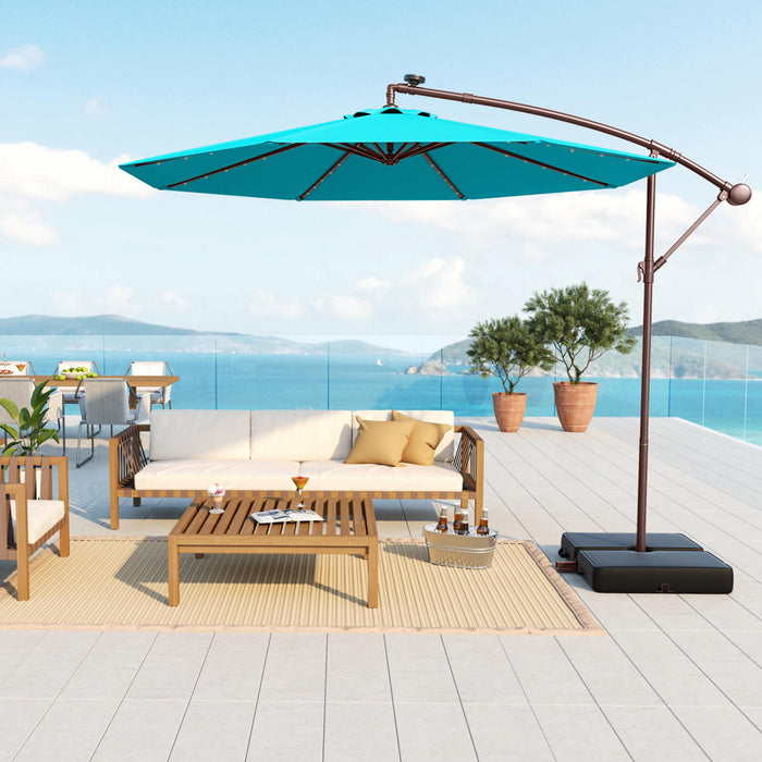 Costway Patio 10FT Hanging Offset Umbrella 32 LED Lights Sand Bag Outdoor Cross Base Turquoise