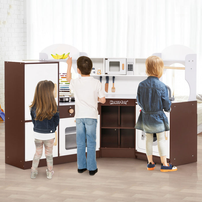 Costway Corner Play Kitchen With Ice Maker Microwave Oven For Kids 3+ Years Old Wooden Toy