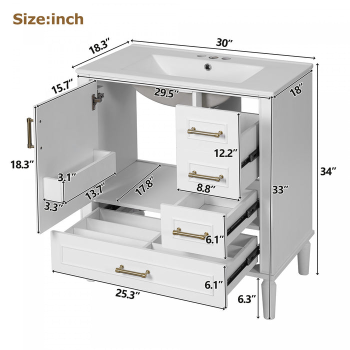 Emerson 30 Inch Bathroom Vanity with Ceramic Sink and Three Drawers, White