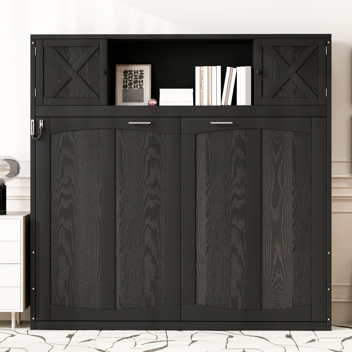 Ethan Solid Wood Murphy Bed with Storage Cabinets,Full Size,Black Full Bed