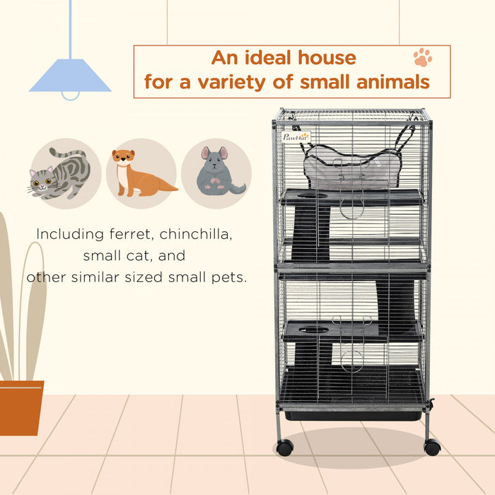 Pawhut 4-tier Rolling Small Animal Cage Pet Mink Chinchilla Small Cat Hutch Pet Play House With Hammock Platform, Ramp,removable Tray For Pet Mink, Chinchilla, Small Cat