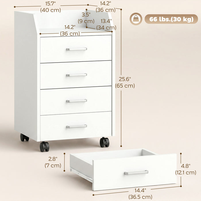 HOMCOM 4-Drawer File Cabinet with Lockable Wheels, White