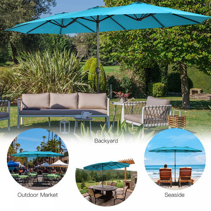 Costway 15FT Double-Sided Twin Patio Umbrella Outdoor Market W/ Crank & Base Turquoise