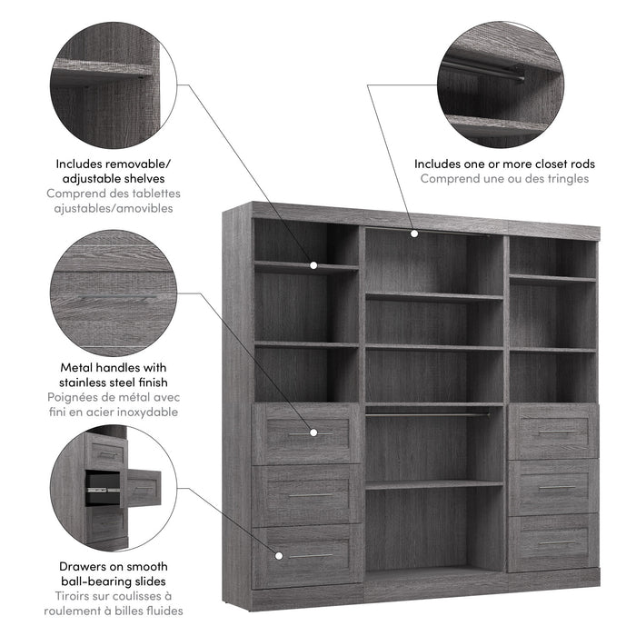 Bestar Pur 86 W Closet Organization System with Drawers - Bark Grey