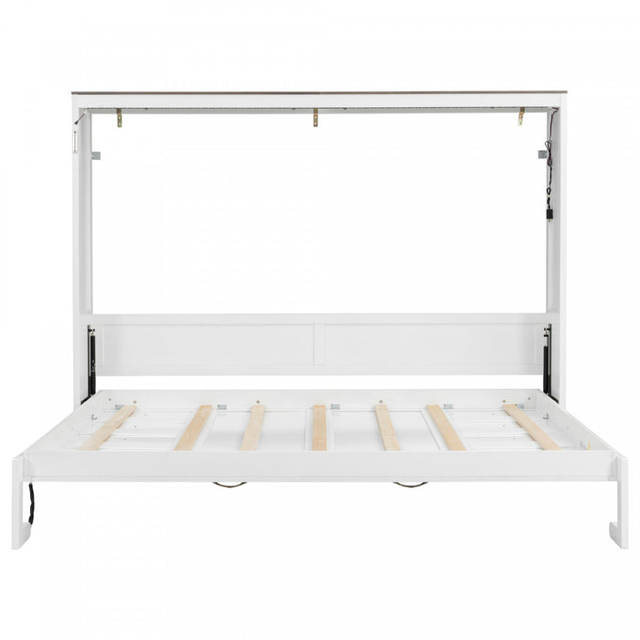 Olivia Solid Wood Murphy Bed with LED Light and Foldable Cabinet,Full Size,White Full Bed
