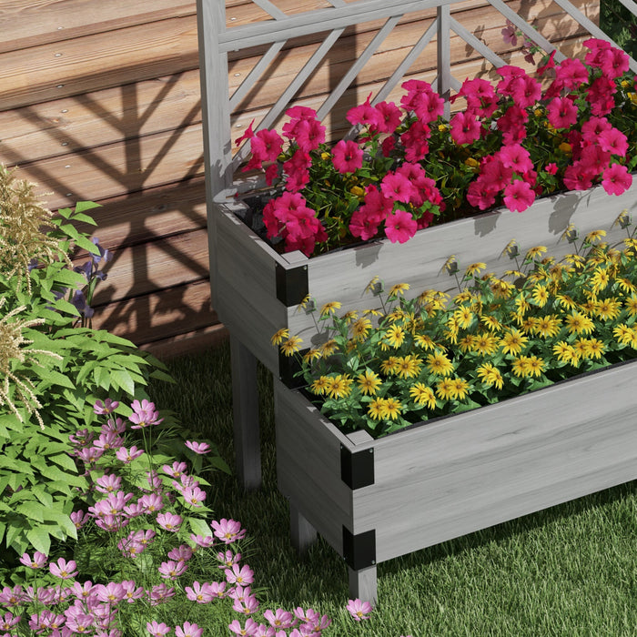 Outsunny 2 Tier Wooden Raised Bed W/ Trellis Elevated Planter Box, Grey