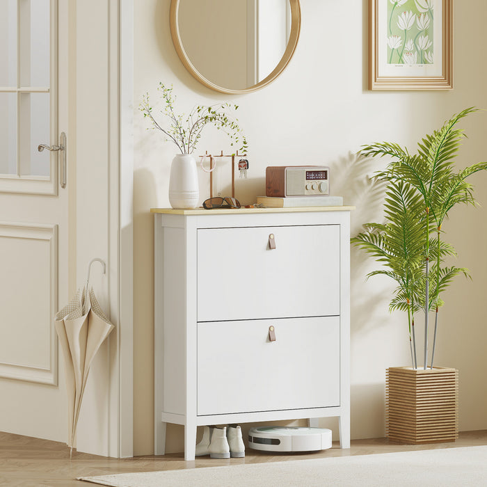 HOMCOM Shoe Cabinet with 2 Flip Drawers, Narrow Shoe Storage Cabinet, White