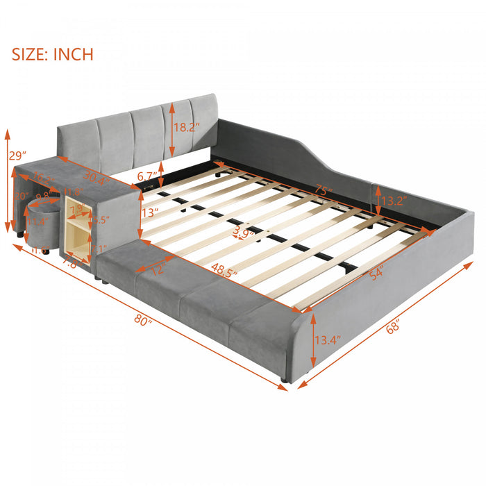 Lily Velvet Upholstered Grounded Bed with Desk and Stool,Full Size,Grey Full Bed
