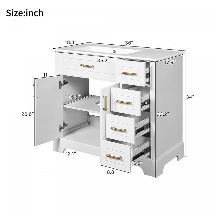 Paul 36\" Solid Wood Bathroom Vanity With Ceramic Sink - White