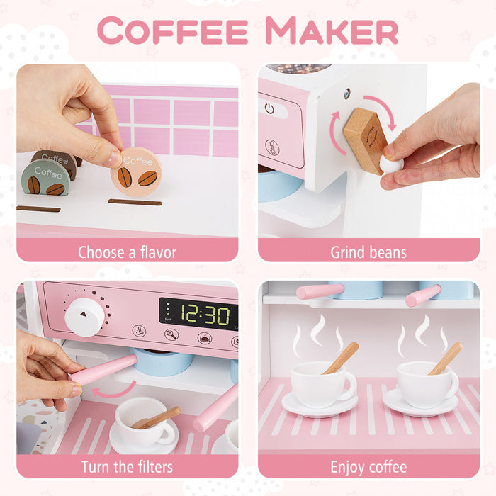 Honeyjoy Kids Kitchen Set Wooden Kitchen Playset With Clock, Microwave, Sink, Dish Rack Pink
