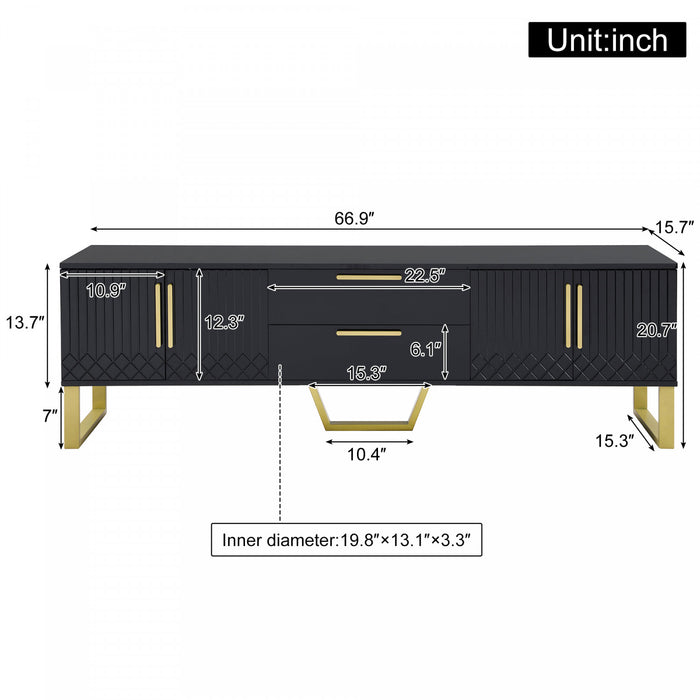 Steven 66.9\" Floor-standing Design TV Cabinet with and Gold Handles&Legs,Black Tv Stand