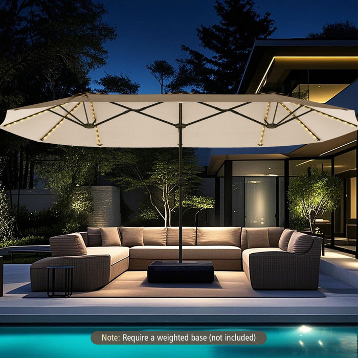 Costway 15.5 FT Extra-Large Patio Umbrella with LED Solar Lights & 12 Heavy-Duty Ribs Beige