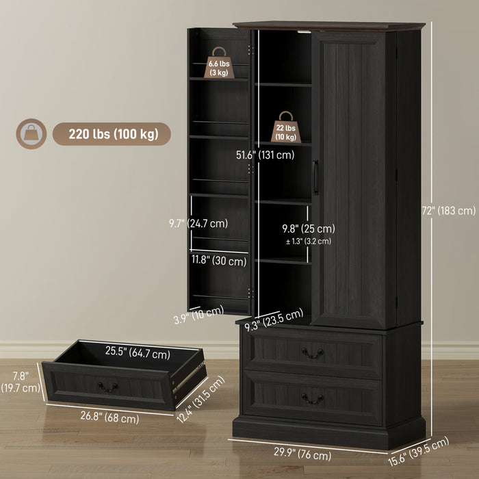 HOMCOM 72\" Kitchen Pantry Cabinet with LED Light and Door Shelves, Black