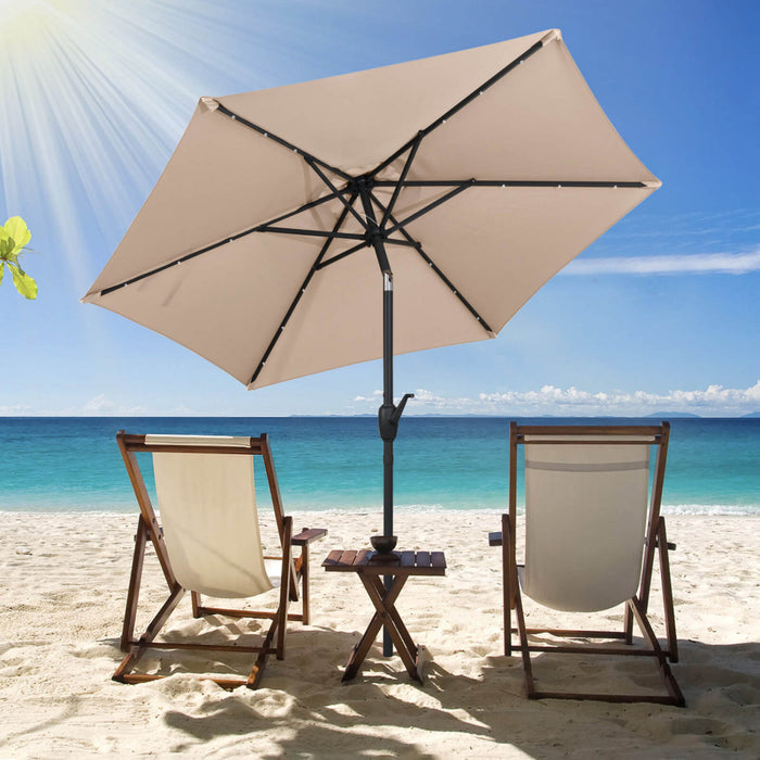 Costway 7.5 ft Solar Powered Patio Umbrella with LED Lights Push Button Tilt Crank Handle Brown
