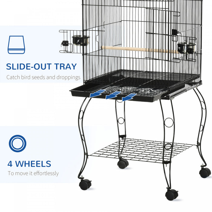 Pawhut 53.9'' Large Rolling Steel Bird Cage Bird House With Detachable Rolling Stand, Storage Shelf, Wood Perch, Food Container, Black