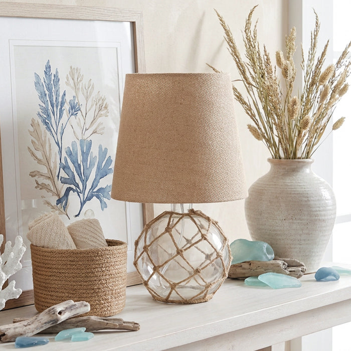 Marelle Netted Burlap & Glass Table Lamp, Clear, 14.75\"H