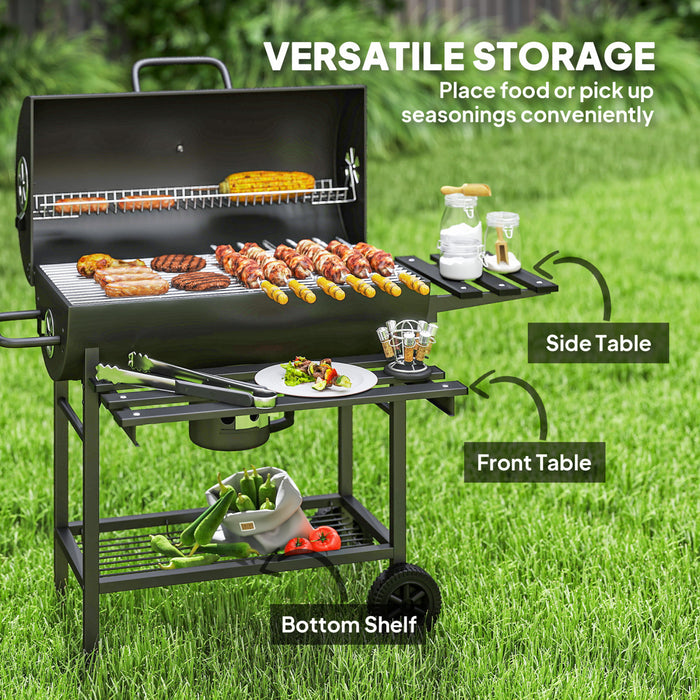 Outsunny 29\" Charcoal BBQ Grill with Foldable Front Side Table, Barbecue Grill with Spacious Cooking Area, Shelf, Lid, Thermometer, Wheels for Outdoor Cooking, Patio Backyard Party