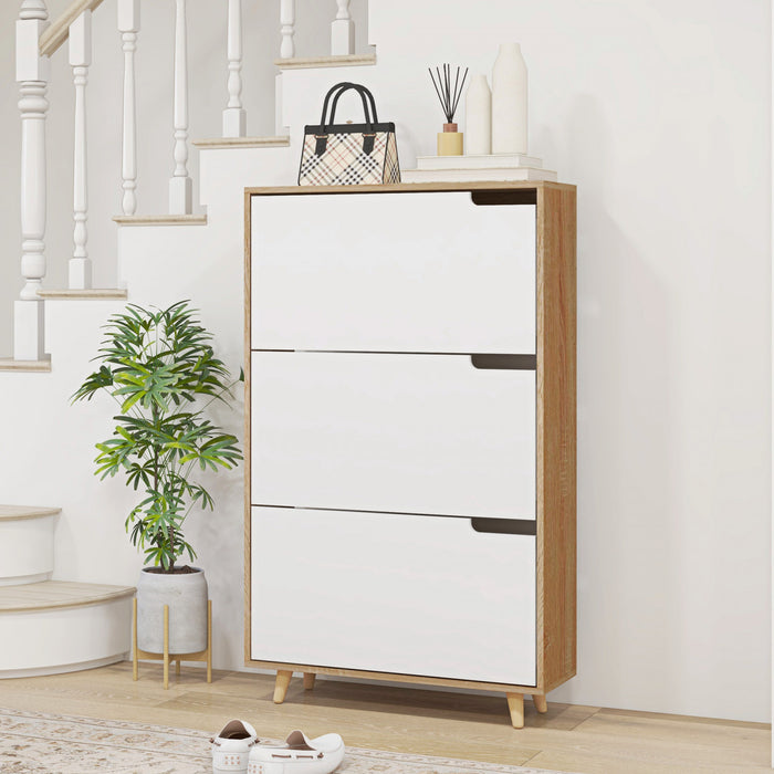 HOMCOM Narrow Shoe Cabinet with 3 Flip Doors and Adjustable Shelves, White