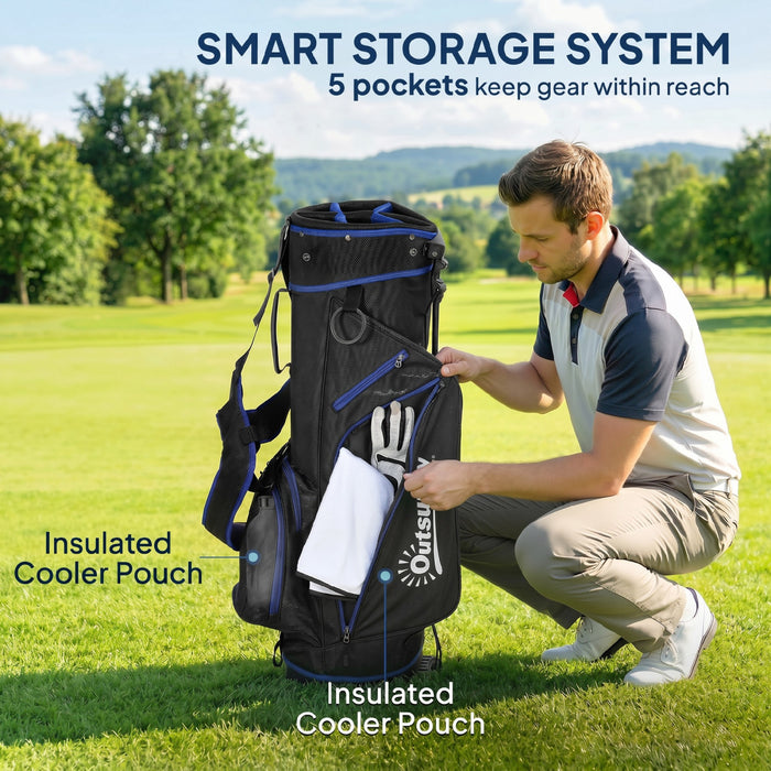Outsunny Ultra-Lightweight Golf Stand Bag with Stable Stand, 6-Way Dividers and Cooler Pocket, All-Weather Men's Golf Club Carrier with Rain Hood for Convenient Carrying, Blue