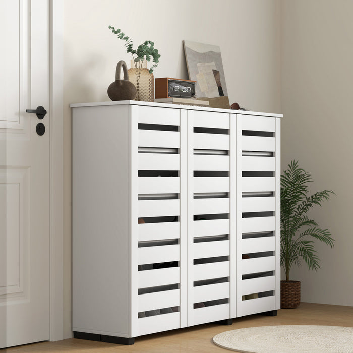 HOMCOM Narrow Shoe Cabinet for Entryway with 3 Slatted Doors, White