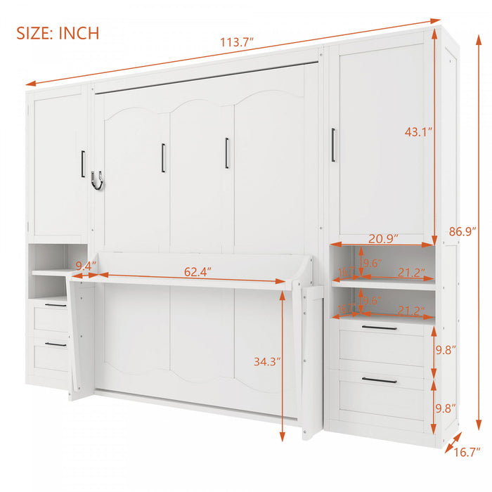 Maria Murphy Bed with Drawers and Shelves,Queen Size,White Queen Bed