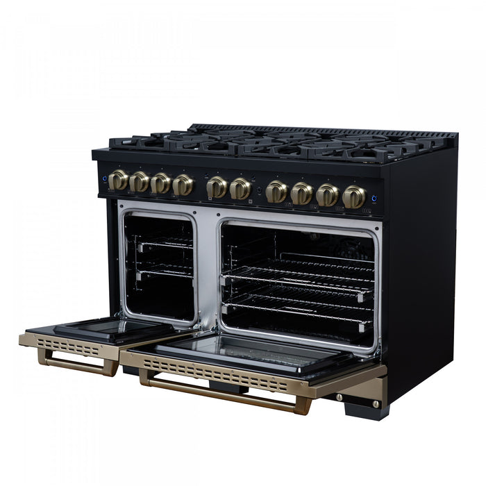 Forno Ambassador 48\" Gas Range in Black, 8 Sealed Burners, 6.7 Cu.Ft. Ovens - FFSGS6299-48CPBLK
