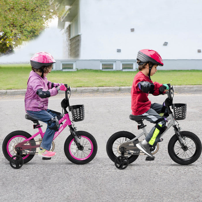 Costway 12\" Kid's Bike With Training Wheels Adjustable Handlebar & Seat Handbrake Silver