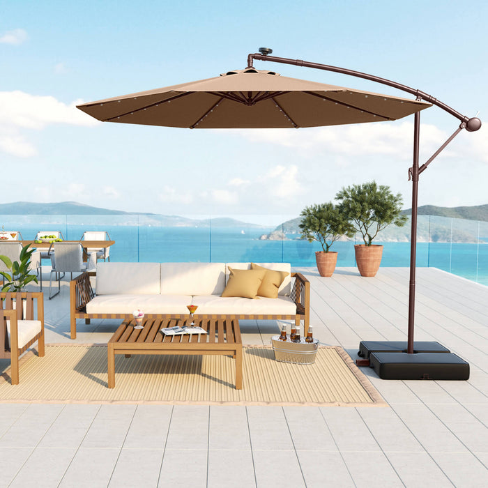 Costway Patio 10FT Hanging Offset Umbrella 32 LED Lights Sand Bag Outdoor Cross Base