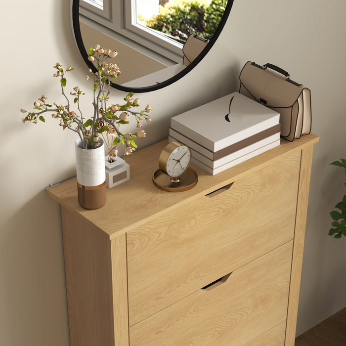 HOMCOM Narrow Shoe Cabinet with 3 Flip Drawers Adjustable Shelves, Natural