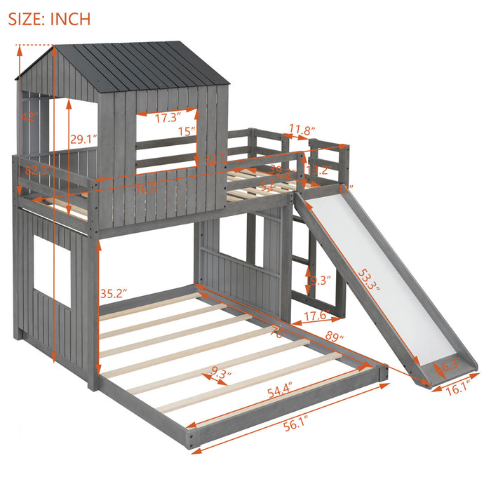 Marico Twin Over Solid Wood Full Bunk Bed With Slide, Playhouse Design, Antique Grey