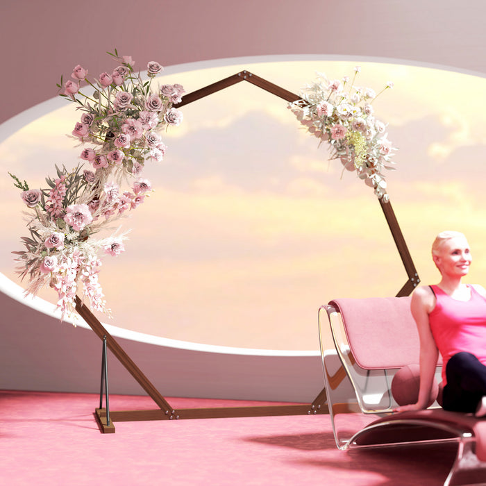 Outsunny 7ft Wedding Arch, Heptagon Wooden Arch For Ceremony, Brown