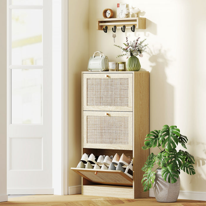 HOMCOM Rattan Shoe Storage Cabinet Organizer with 3 Flip Drawers, Oak