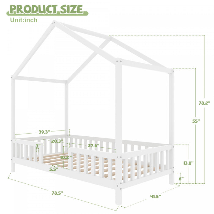 Paul Montessori Floor Bed with Canopy and High Railings,Twin Size，White Twin Bed