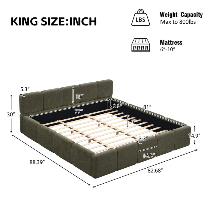 Toby Linen Upholstered Platform Bed with Thickened Headboard and Footboard,King Size,Green King Bed