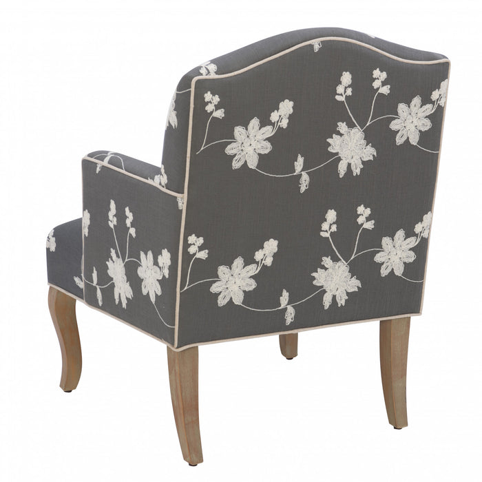 Kenna Embroidered Linen-Look Fabric Floral  Accent Chair - Grey