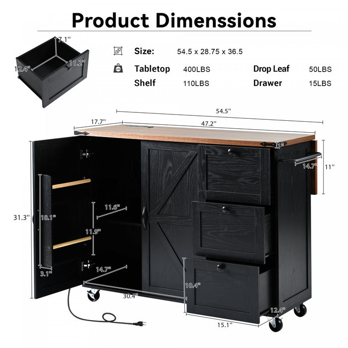 Sherry 54.5\" Engineered Wood Kitchen Carts With Power Outlet And Storage - Black