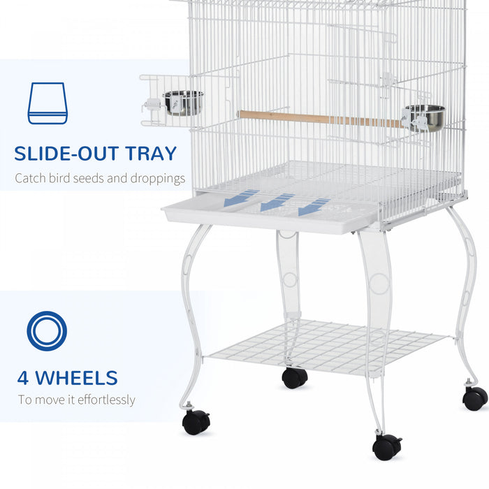 Pawhut 53.9'' Large Rolling Steel Bird Cage Bird House With Detachable Rolling Stand, Storage Shelf, Wood Perch, Food Container, White