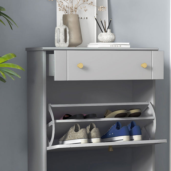 HOMCOM Narrow Shoe Cabinet w/ 2 Flip Drawers, Shoe Storage Cabinet, Grey