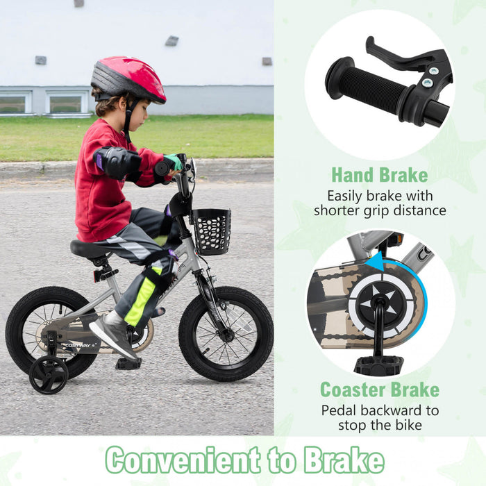 Costway 14\" Kid's Bike With Training Wheels Adjustable Handlebar & Seat Handbrake Silver