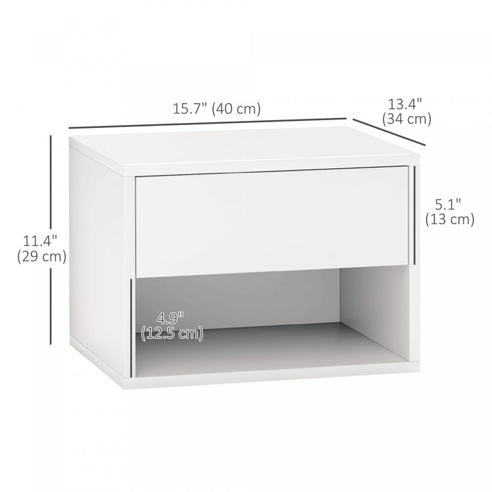 HOMCOM Floating Nightstand Set of 2 with Drawer and Shelf, White