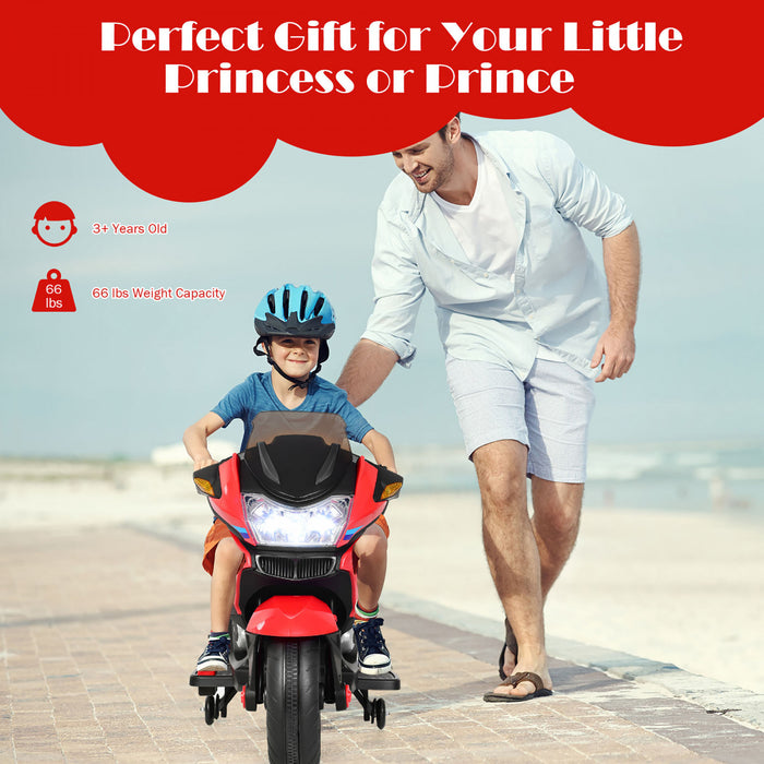 Costway 12v Kids Ride On Motorcycle Electric Motor Bike W/ Training Wheels & Light Red