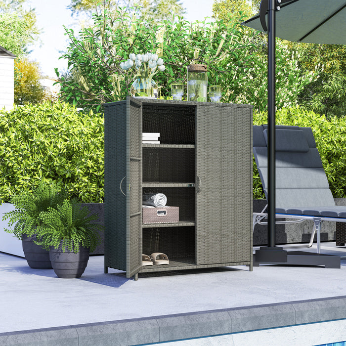 Outsunny Wicker Outdoor Storage Cabinet, 4-shelf Pool Storage, Dark Grey