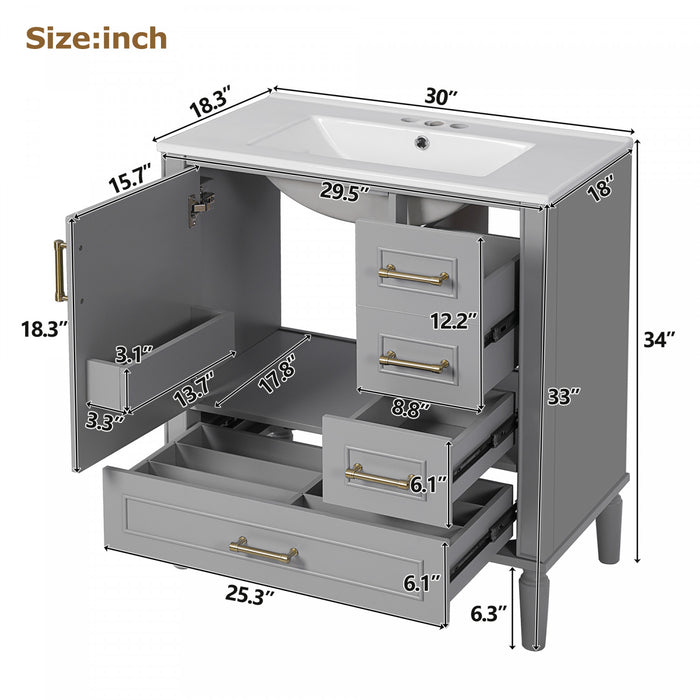 Emerson 30 Inch Bathroom Vanity with Ceramic Sink and Three Drawers, Grey