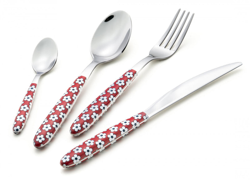 Arimi Nilu Decor Italian Stainless Steel 24 Piece Flatware Set - Service For 6 - Flower Red Handle