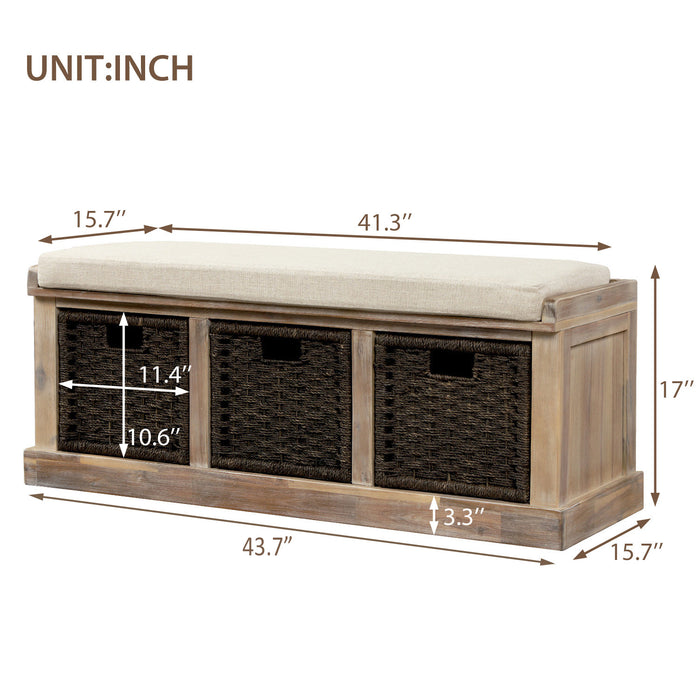 Leif Solid Wood And Rattan Baskets Storage Bench With Cushioned Seat - White