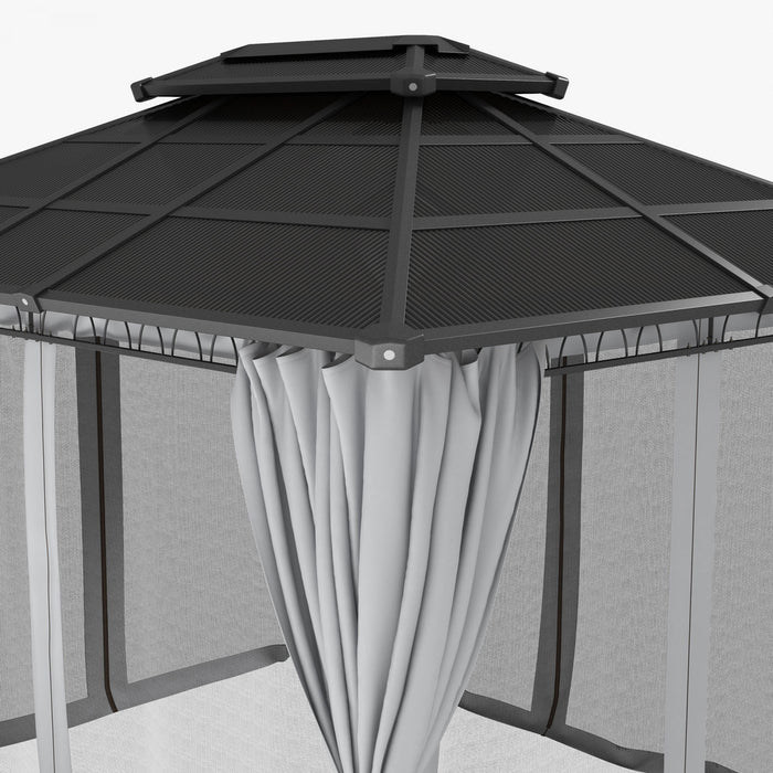 Outsunny 10' X 12' Outdoor Gazebo Canopy, Double roof Hardtop Gazebo With polycarbonate Roof, Steel Frame, Nettings and curtains, For garden, lawn, backyard and deck, Light Grey