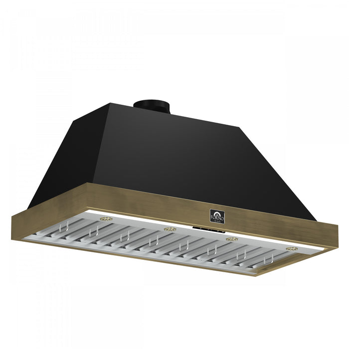 Forno Vittorio 48-Inch Wall Mount Range Hood, Black with Antique Brass Trim -FRHWM5078-48BLK