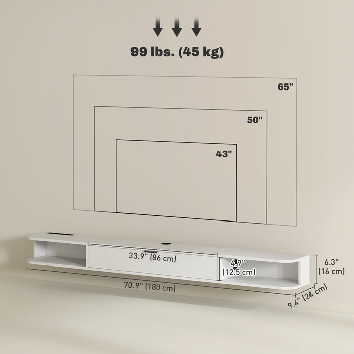 HOMCOM 71\" Floating TV Stand, Wall Mounted Media Console, White