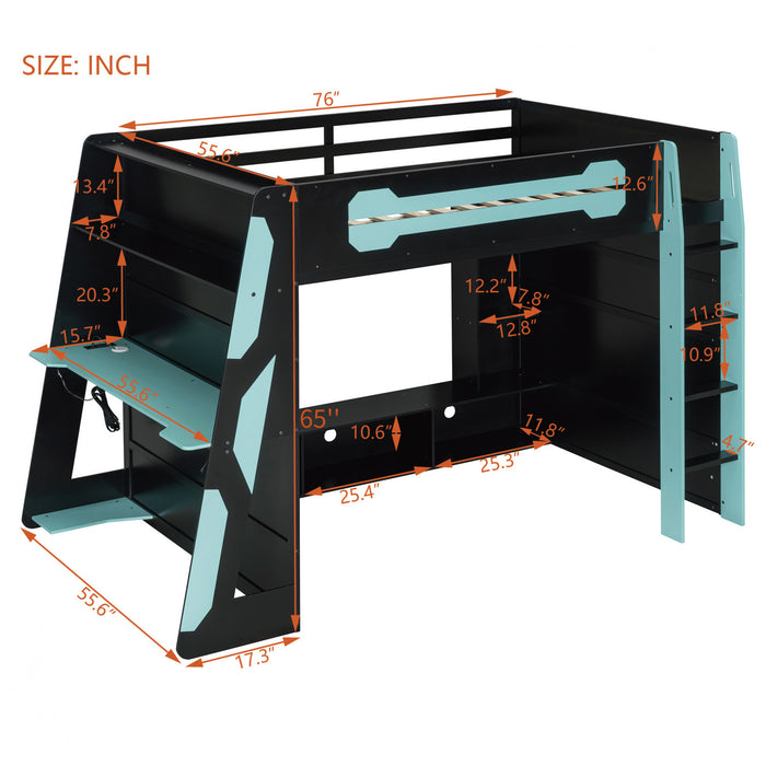 Olivia Wood Loft Bed with Desk and Multi-storage Shelves,RGB Light,Blue Full Bed